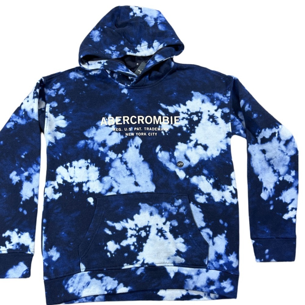 Abercrombie Kids Blue Tie Dye Hoodie Pullover Logo Sweatshirt Size 13/14 NWT